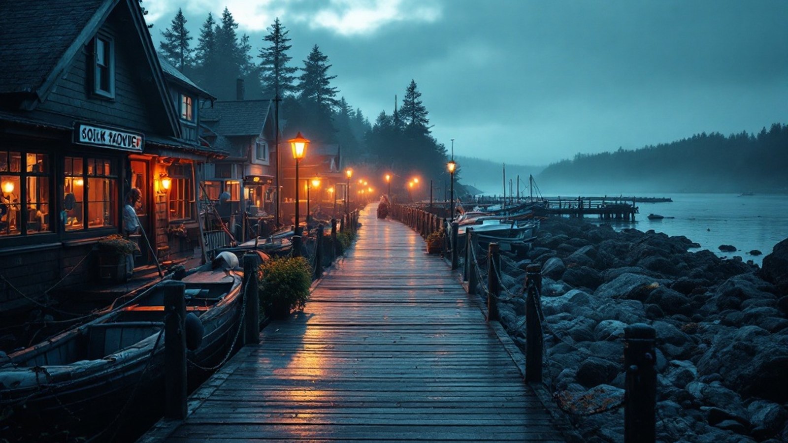 The Sooke Harbour boardwalk at dusk, fishing boats tied up and the basin still
