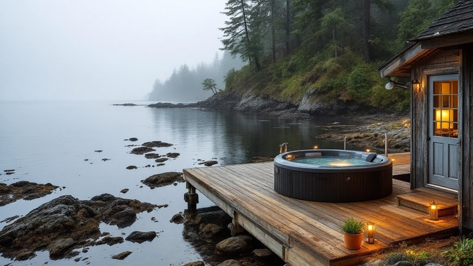 Private dock and hot tub at a shoreline cottage on Sooke Harbour