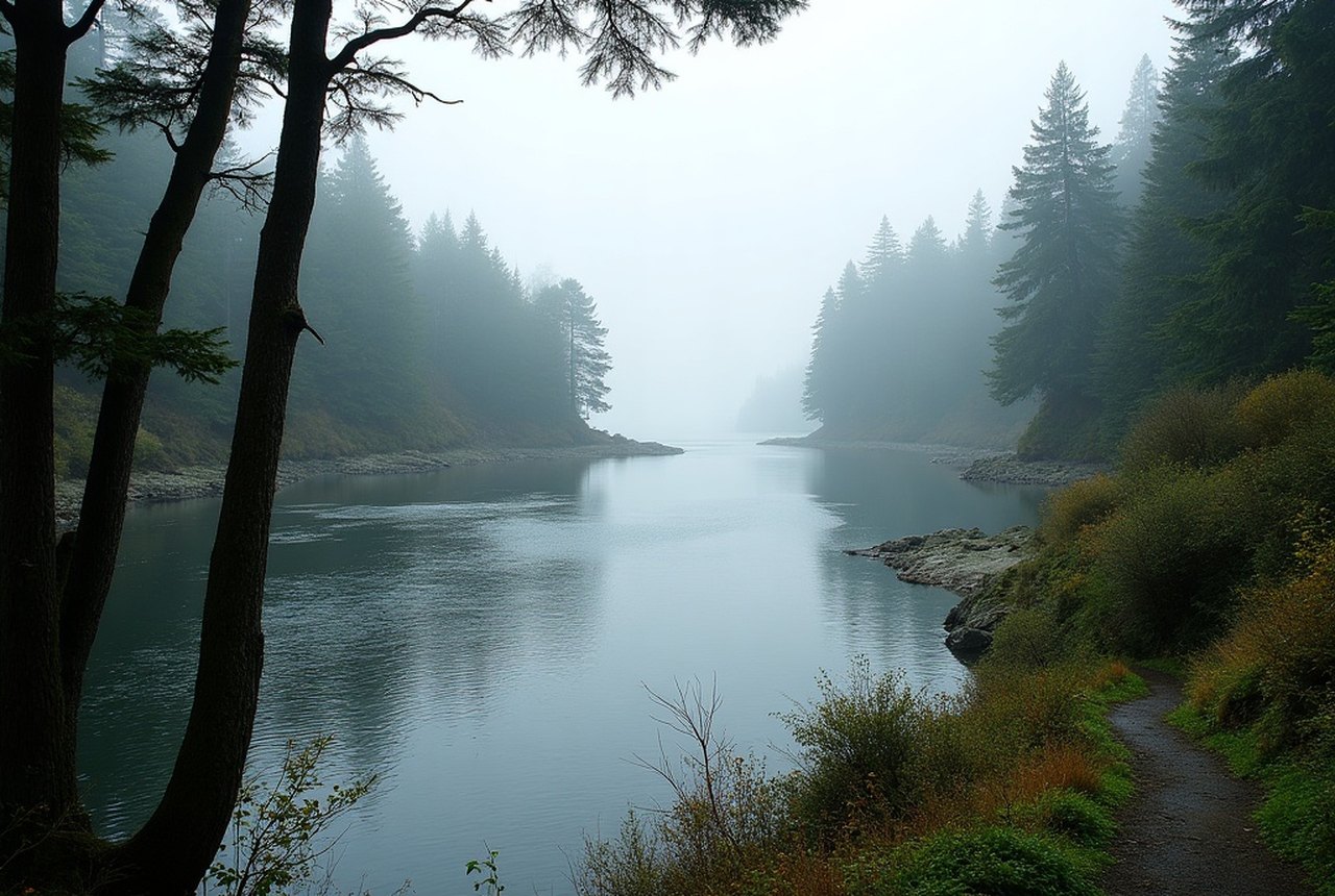 The Sooke River from a leafy riverside path near the Potholes