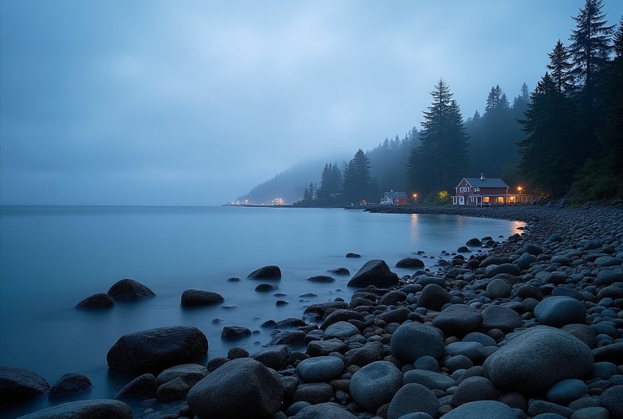 T’Sou-ke Nation waterfront on the Sooke Basin at dusk
