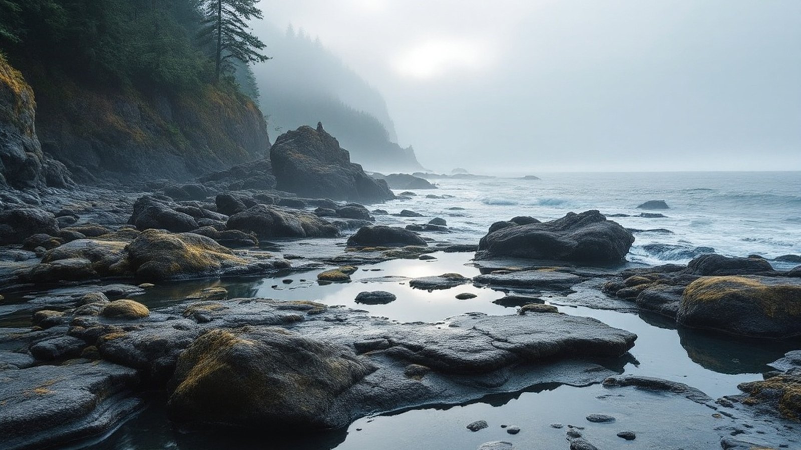 Rugged Sooke coastline with headlands and tide pools meeting the Pacific