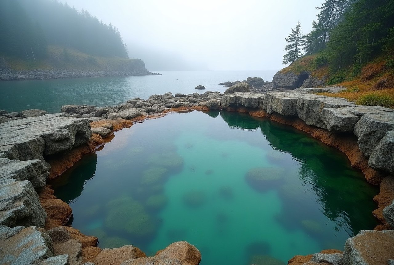 Emerald pothole pool with worn sandstone edges, Sooke River