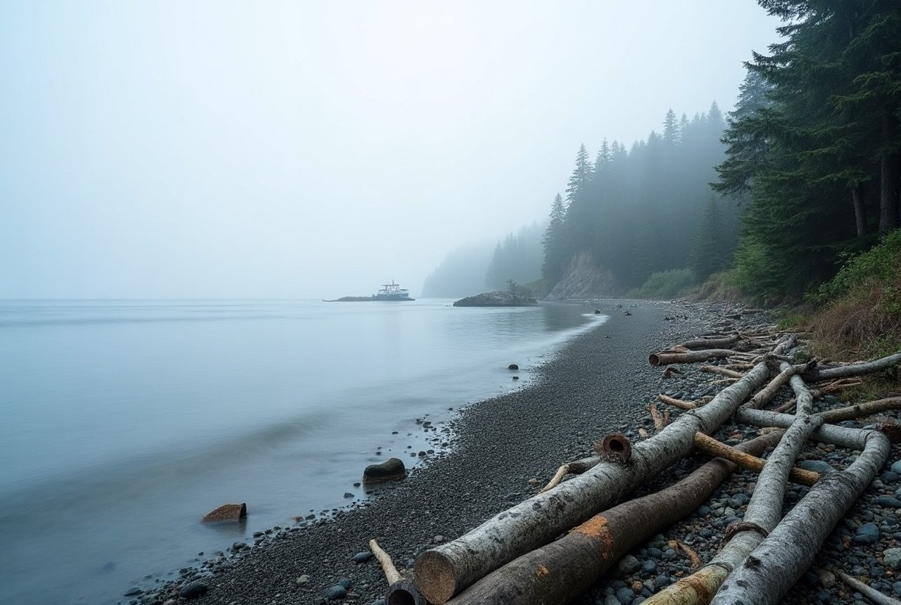 Whiffin Spit stretching toward the harbour mouth, driftwood line and calm basin