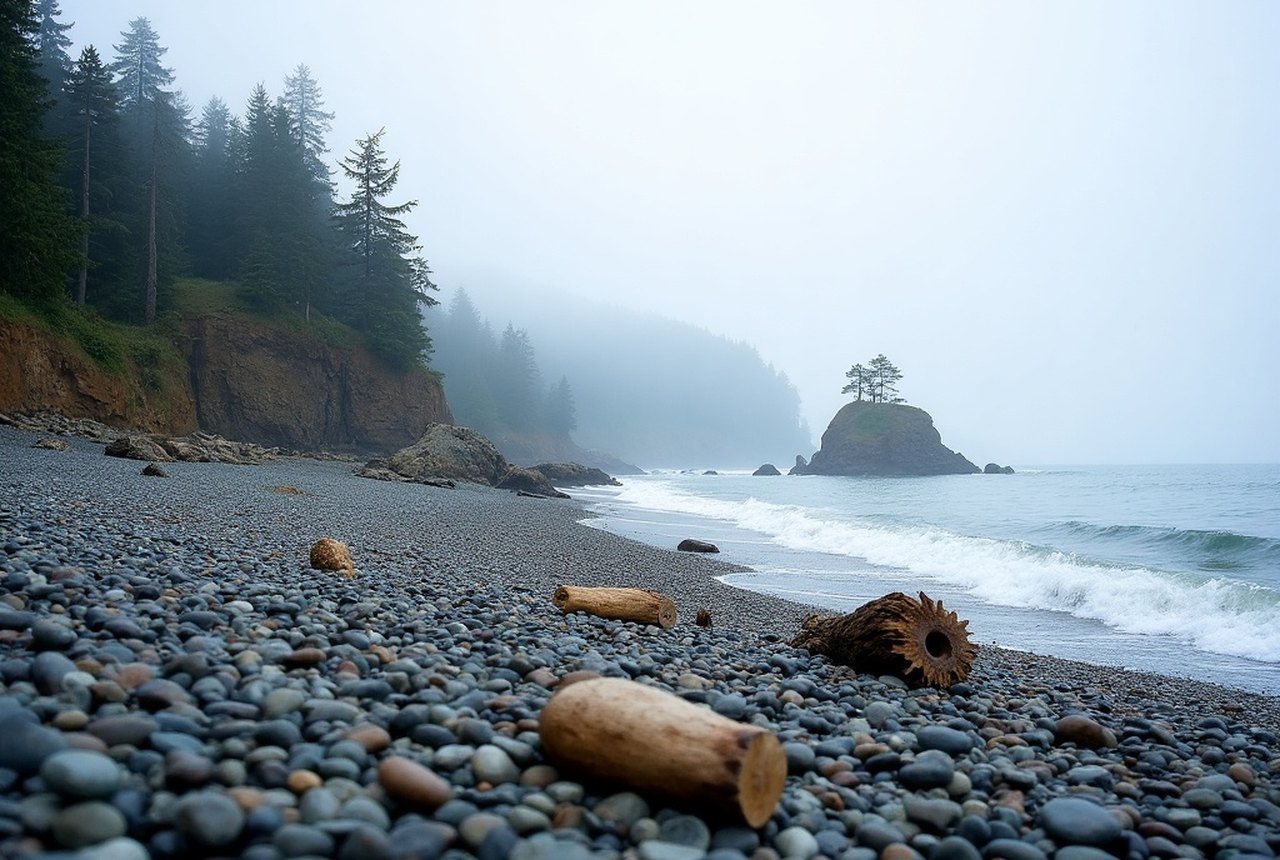 Pebble shoreline and driftwood at French Beach, Olympic Mountains beyond