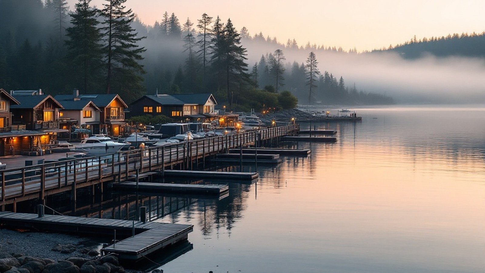 Waterfront resort docks on Sooke Harbour in evening light