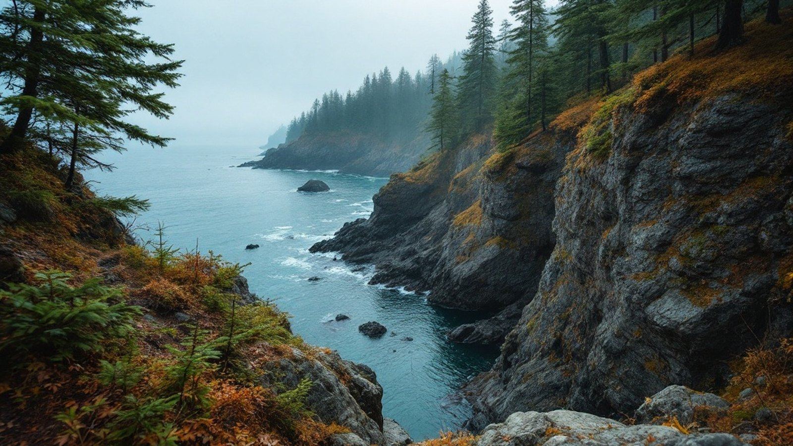 The Coast Trail hugging a cliff edge above the Strait of Juan de Fuca