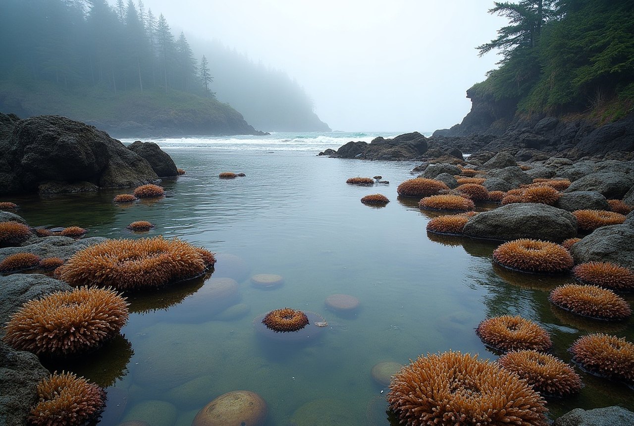 Tide pool crowded with anemones and chitons on the rock shelves near Anderson Cove