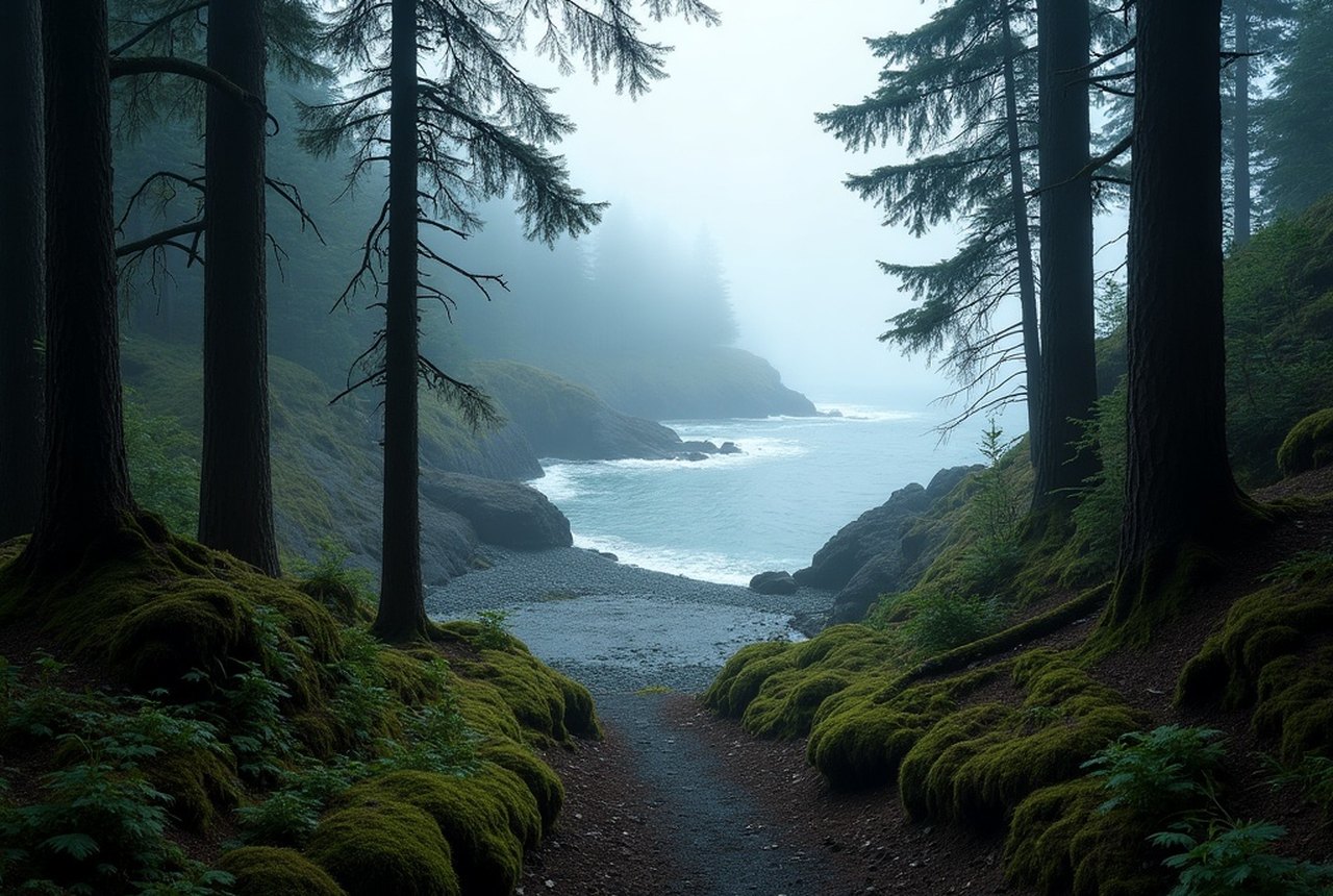 Old-growth Douglas fir section of the Coast Trail, dark and damp understorey