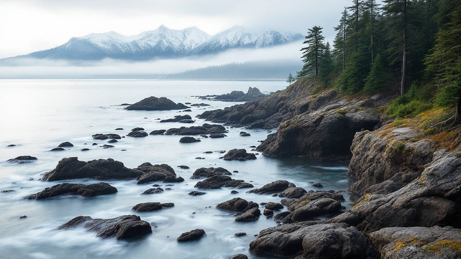 Coastal headland in East Sooke Regional Park with the Olympic Mountains sharp across the water
