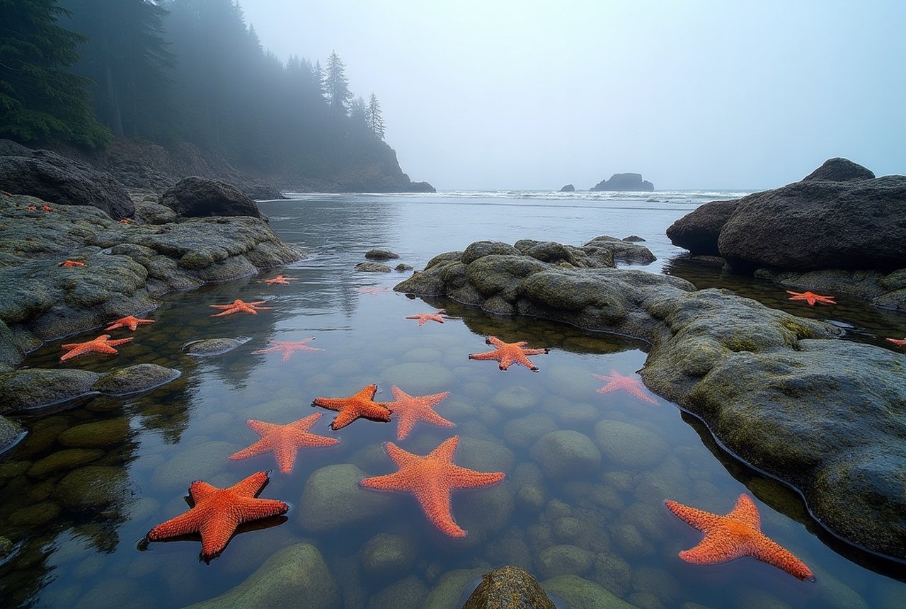 Low-tide rock pools near Anderson Cove with sea stars and anemones