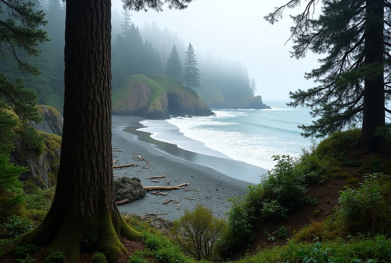 Old-growth Sitka spruce trunk at the mossy forest edge behind French Beach