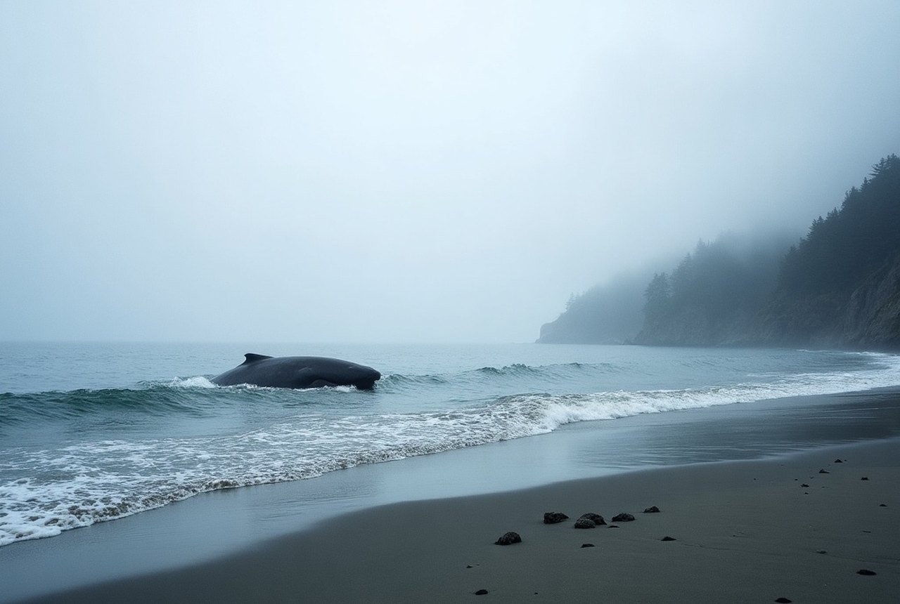 Grey whale spout offshore in the Strait of Juan de Fuca seen from French Beach