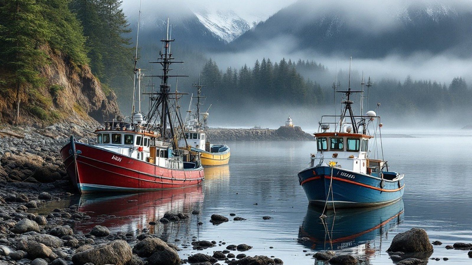 Fishing boats in Sooke Harbour with the Olympic Mountains behind