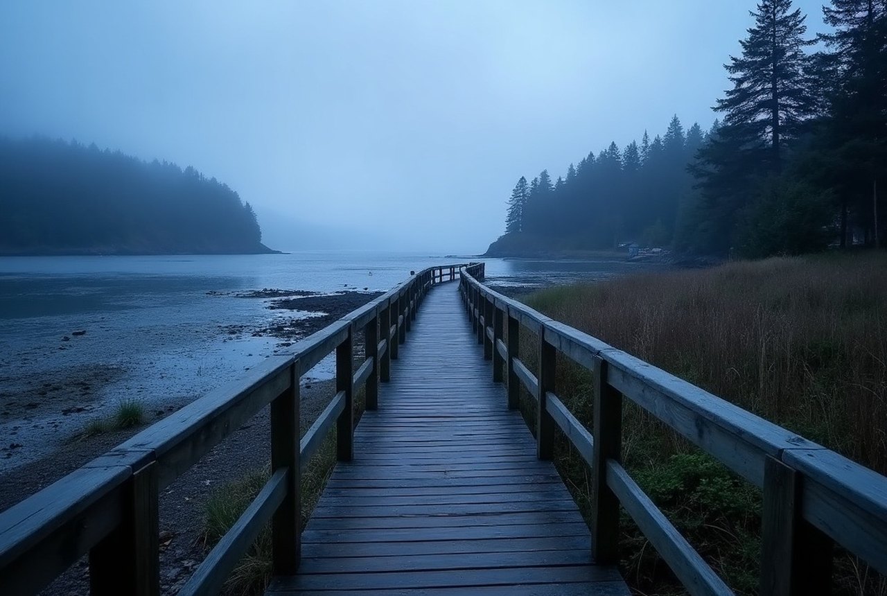 Ed Macgregor Park boardwalk at dusk over Sooke Harbour
