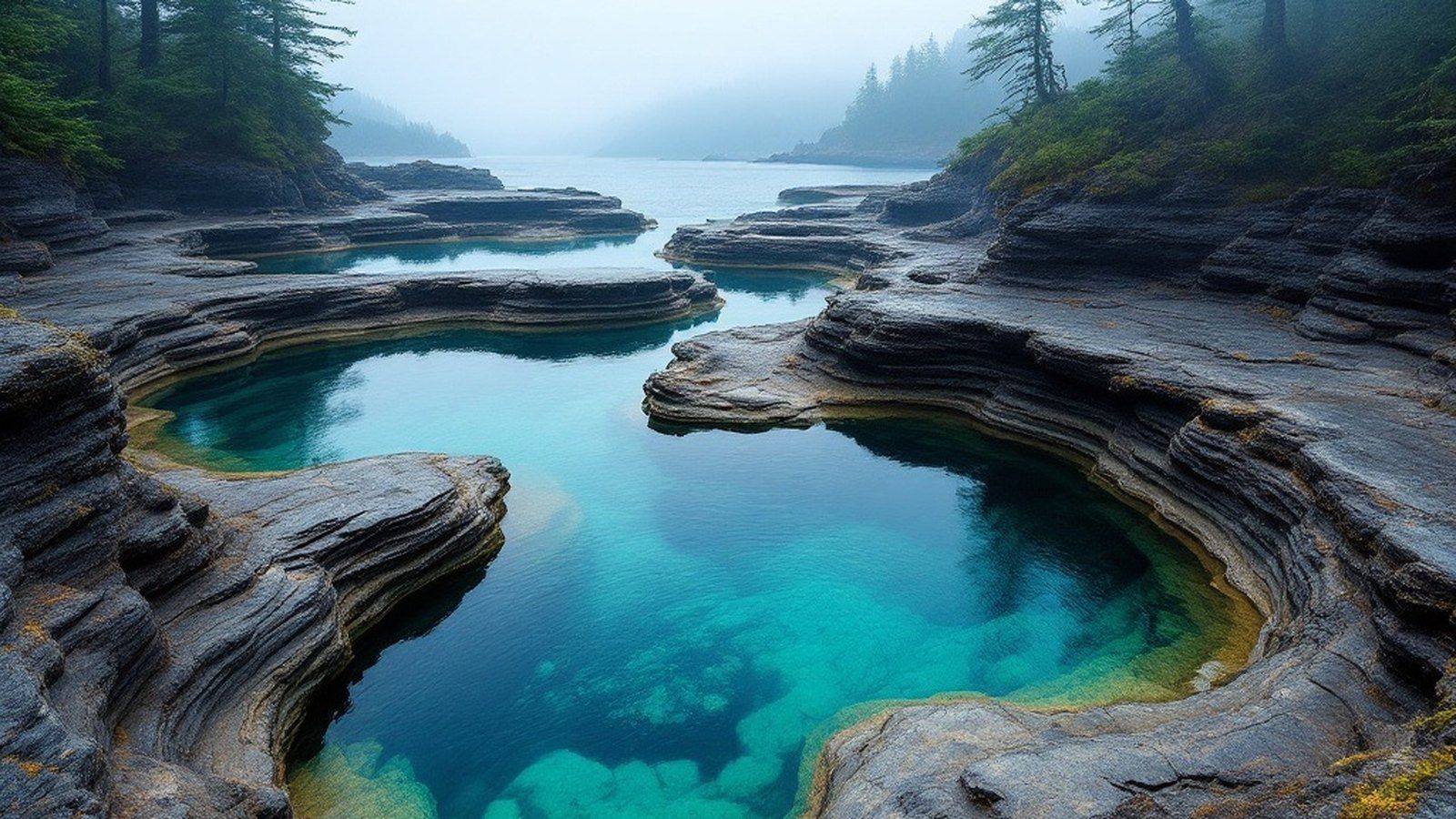 Emerald pothole pools with worn sandstone edges, Sooke Potholes Provincial Park in summer light