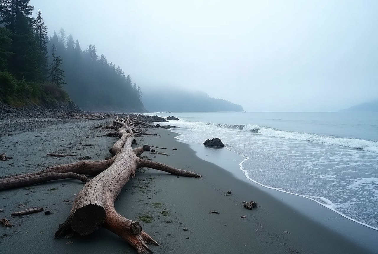 Driftwood line along Whiffin Spit at low tide, Olympic Mountains across the strait