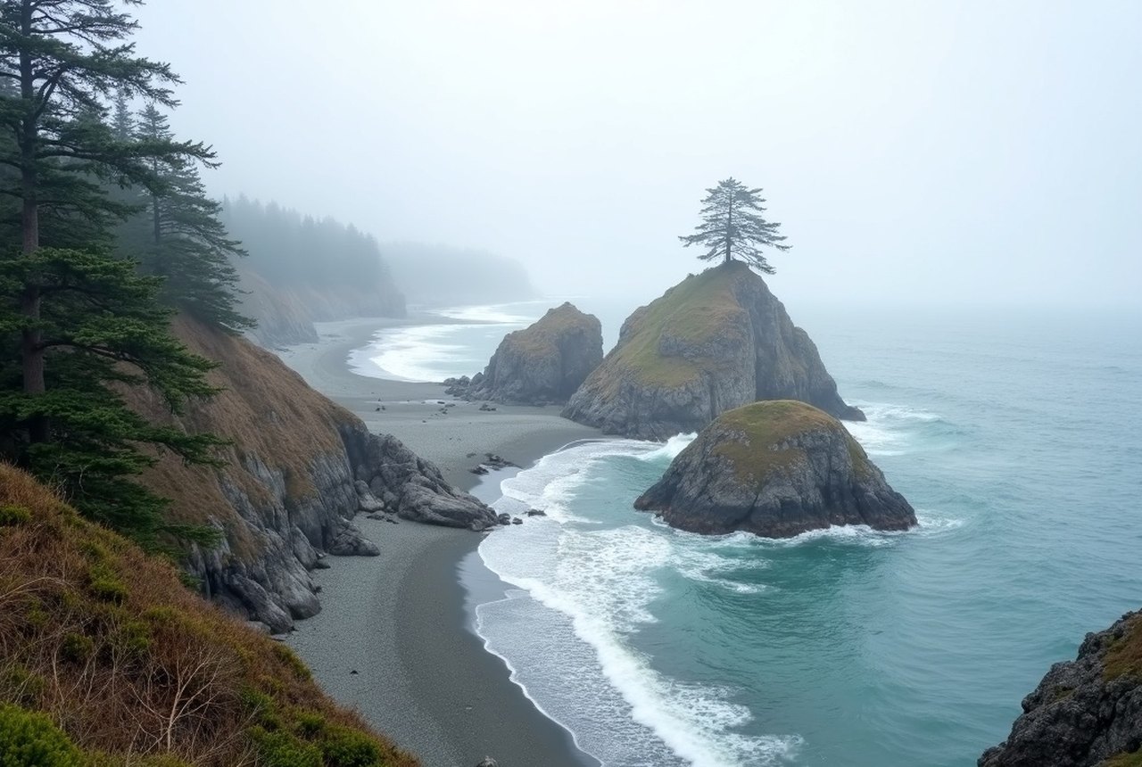 Rocky headland on the East Sooke Coast Trail, windswept shore pine above the surf