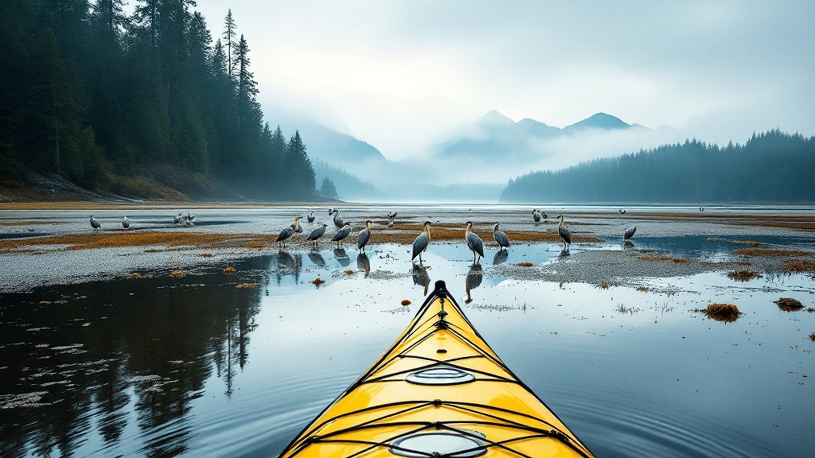 Kayak bow crossing calm Sooke Basin water, herons on the shallows and mudflats