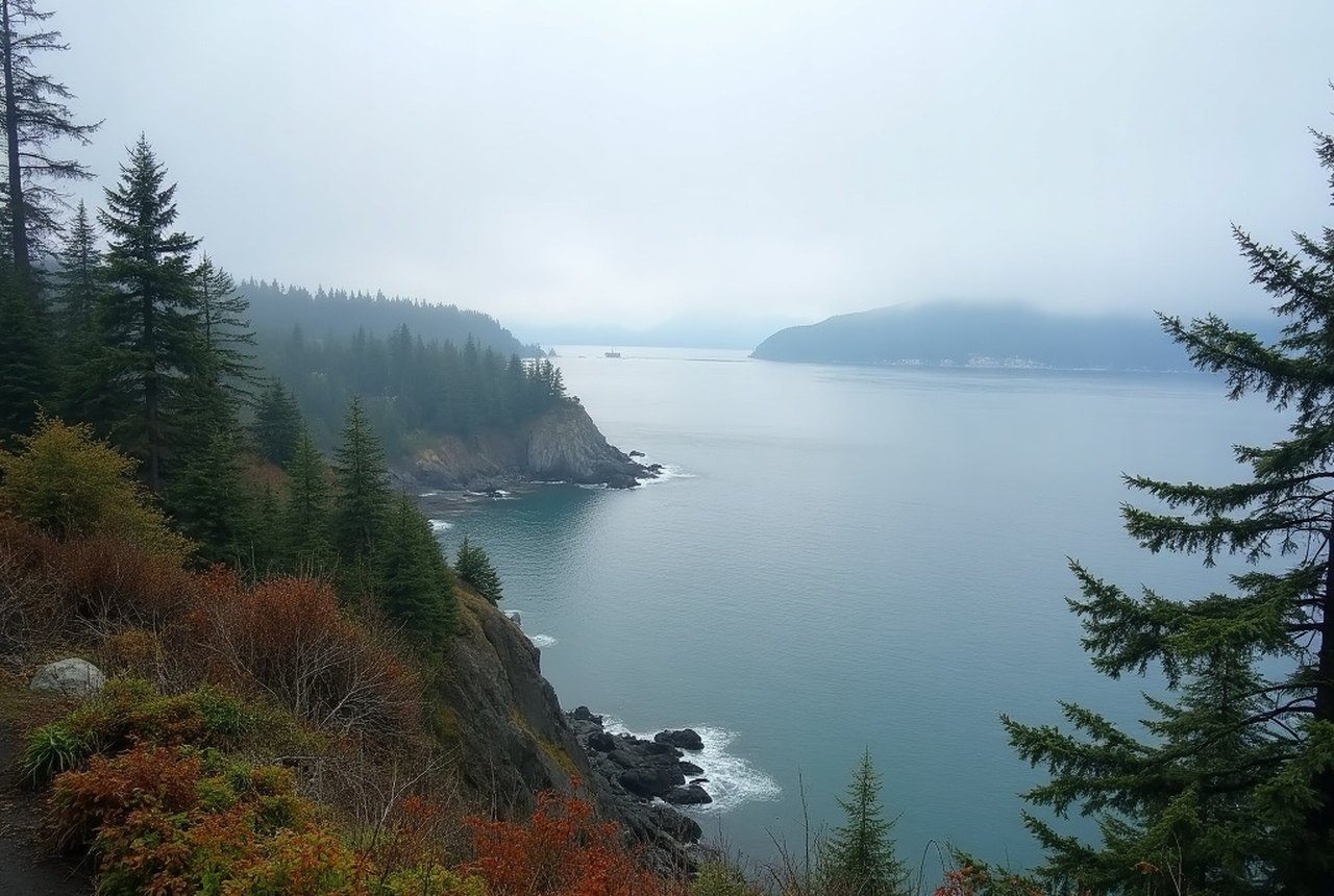 Clifftop view along the East Sooke Coast Trail with the Olympic Mountains across the Strait of Juan de Fuca