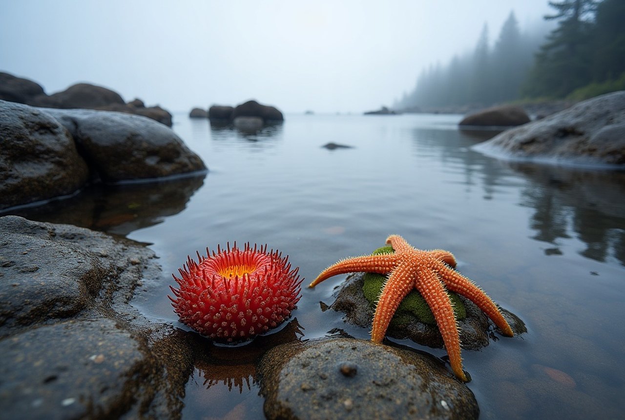 Botanical Beach tide pool with sea urchins, anemones and ochre sea stars at low water, near Port Renfrew