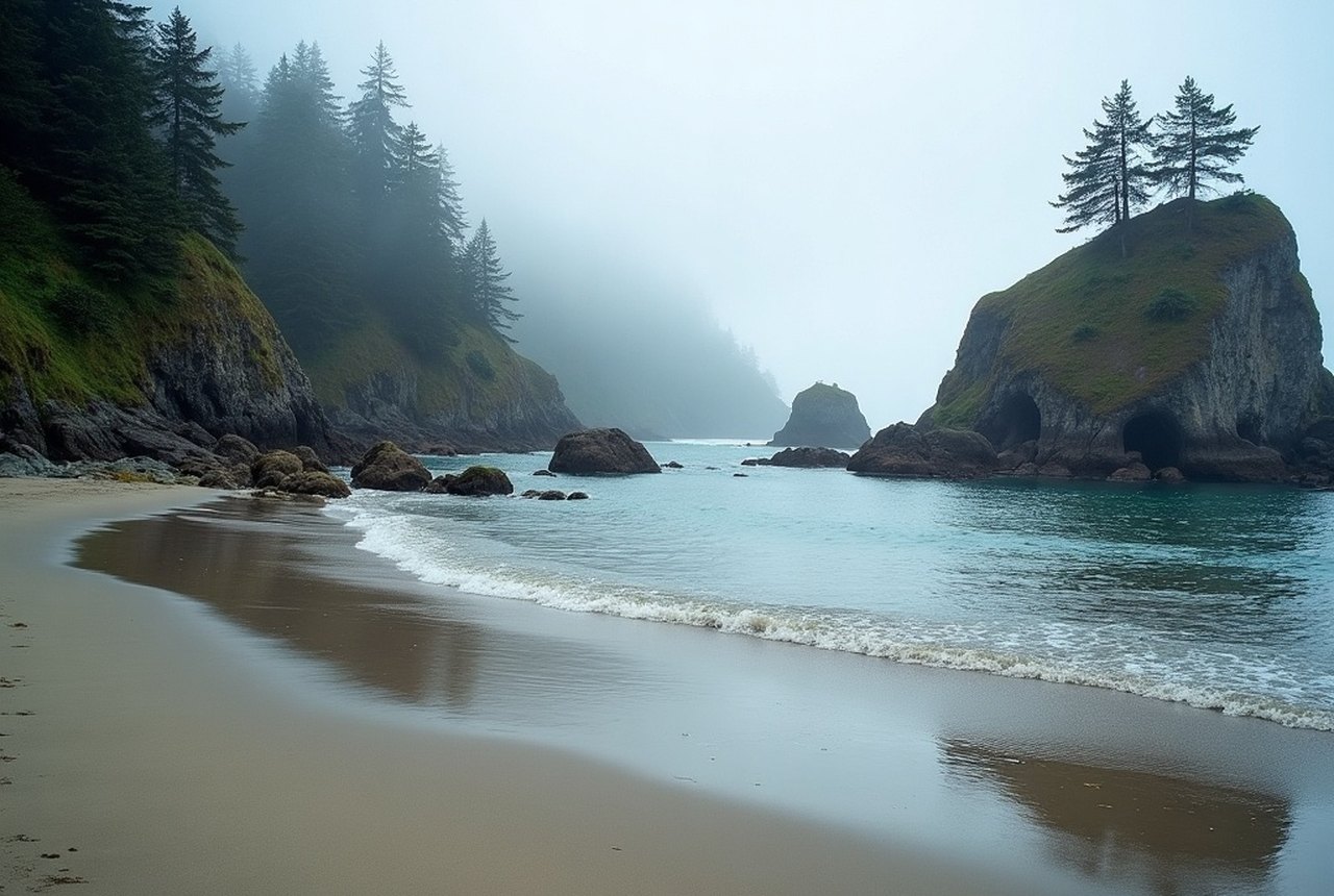 Mystic Beach cove with white sand, sea caves and a rock arch near Jordan River