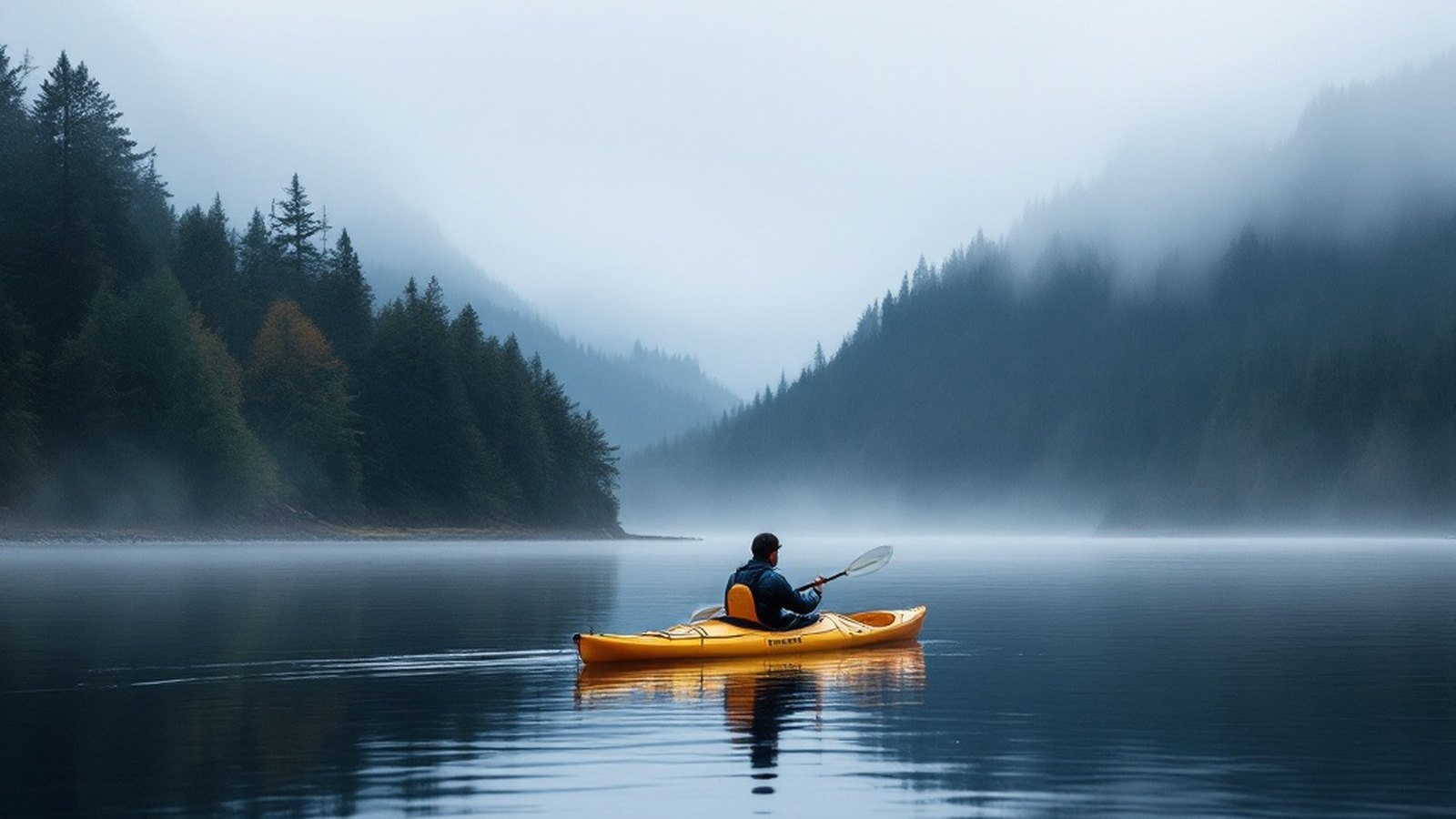 Kayaker on calm Sooke Basin water with forested hills behind