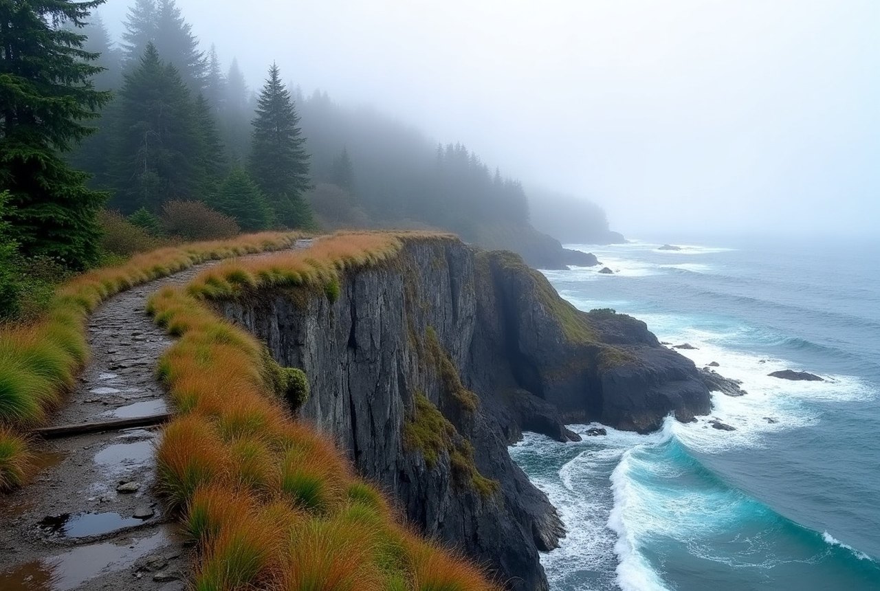 Cliff-top stretch of the East Sooke Coast Trail above the surf