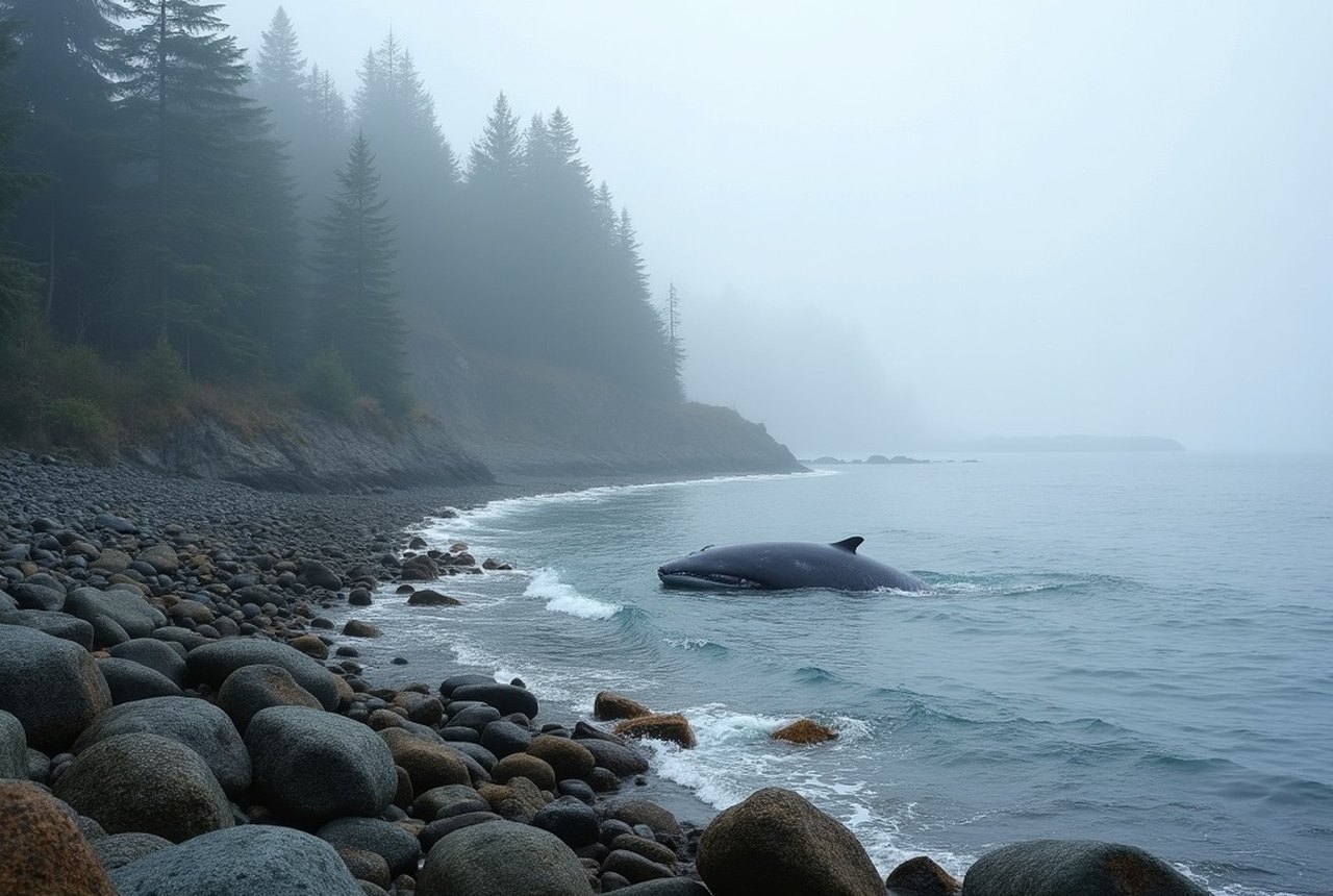 Grey whale surfacing close to a rocky Sooke shoreline