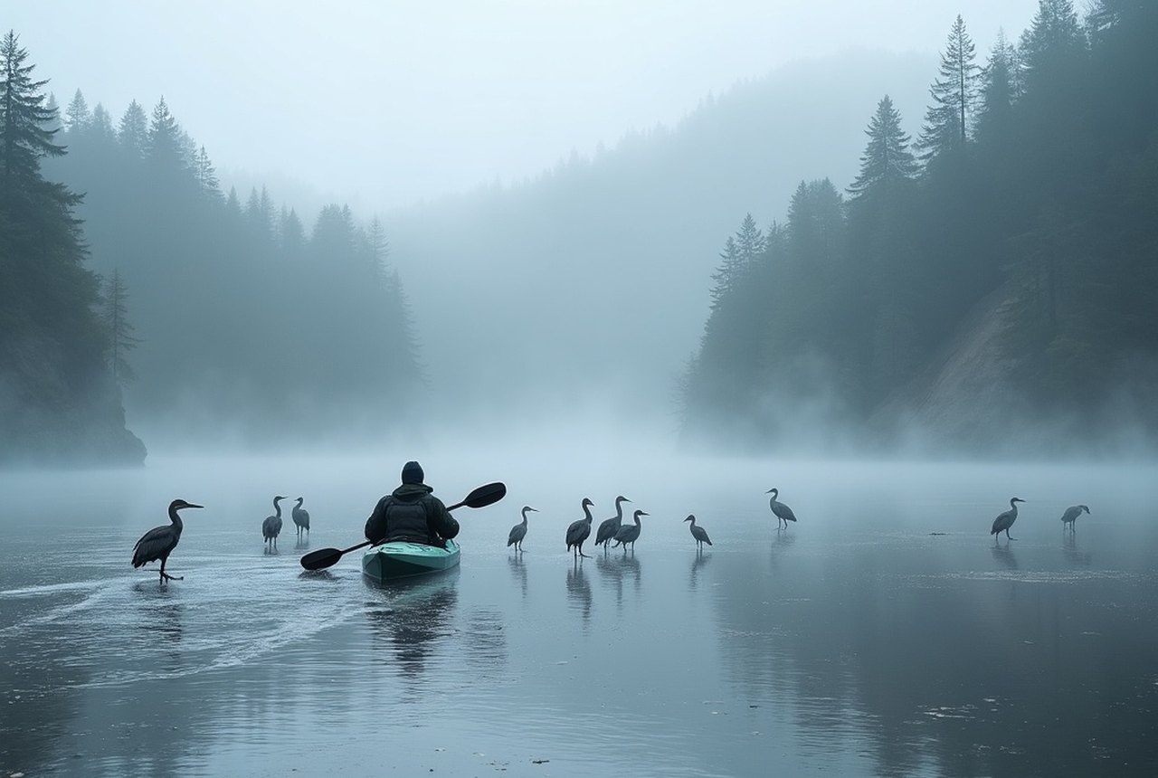 Kayak gliding past herons on the shallows of Sooke Basin