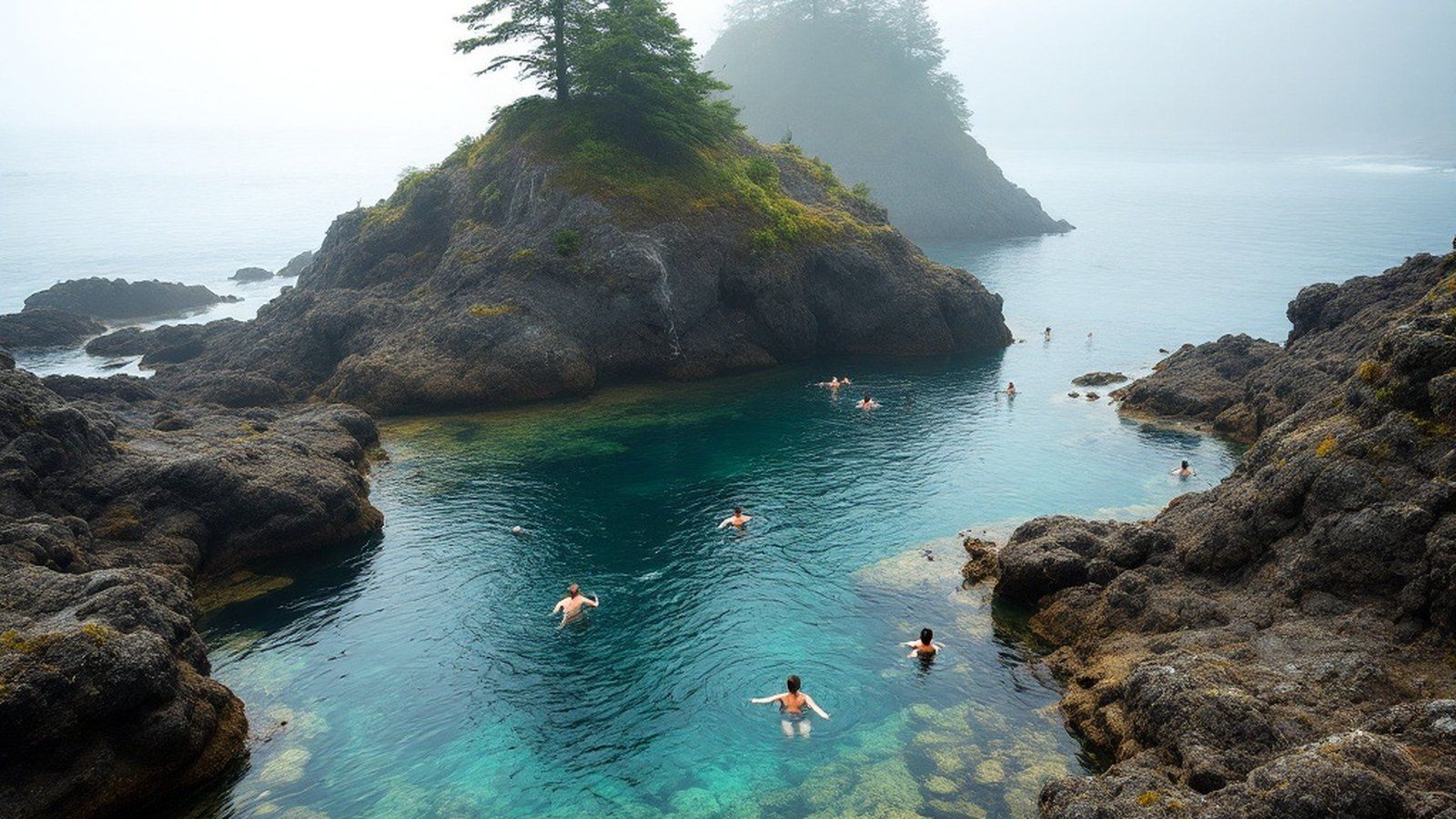 Swimmers in the emerald pools of the Sooke Potholes on a July afternoon
