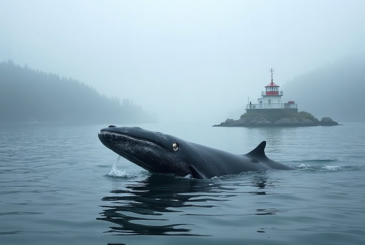 Grey whale surfacing in the Strait of Juan de Fuca off Sooke