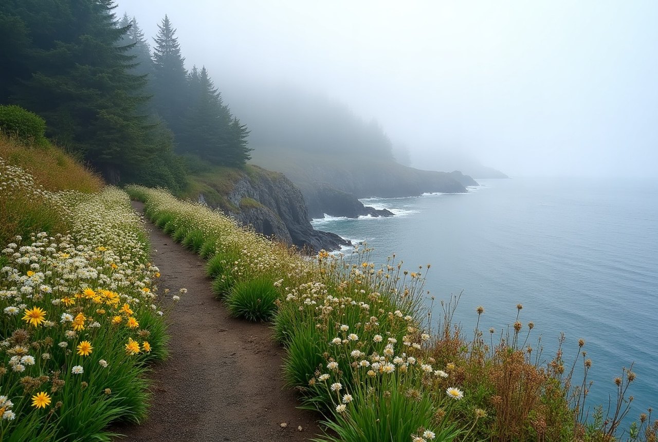 Wildflowers along an East Sooke cliff trail in spring, strait beyond