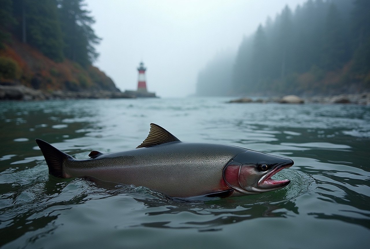 Chinook salmon holding in the clear current of the Sooke River in autumn