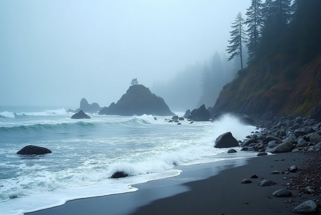 Storm surf driving onto a rocky East Sooke beach in winter