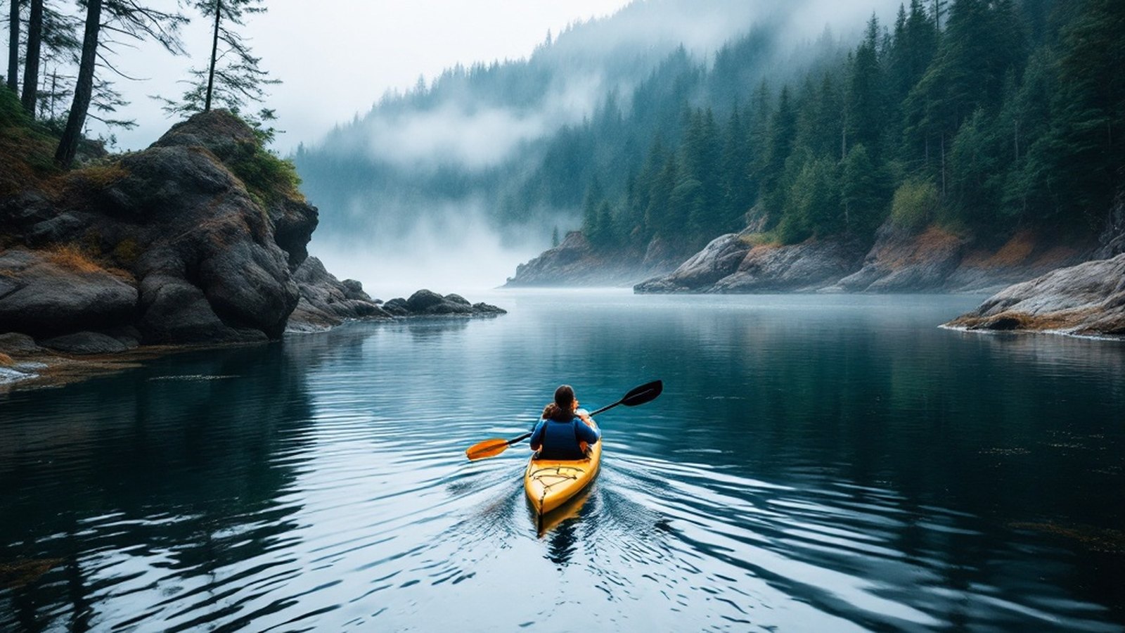Kayaker threading the calm inlets of Sooke Basin, forested hills behind