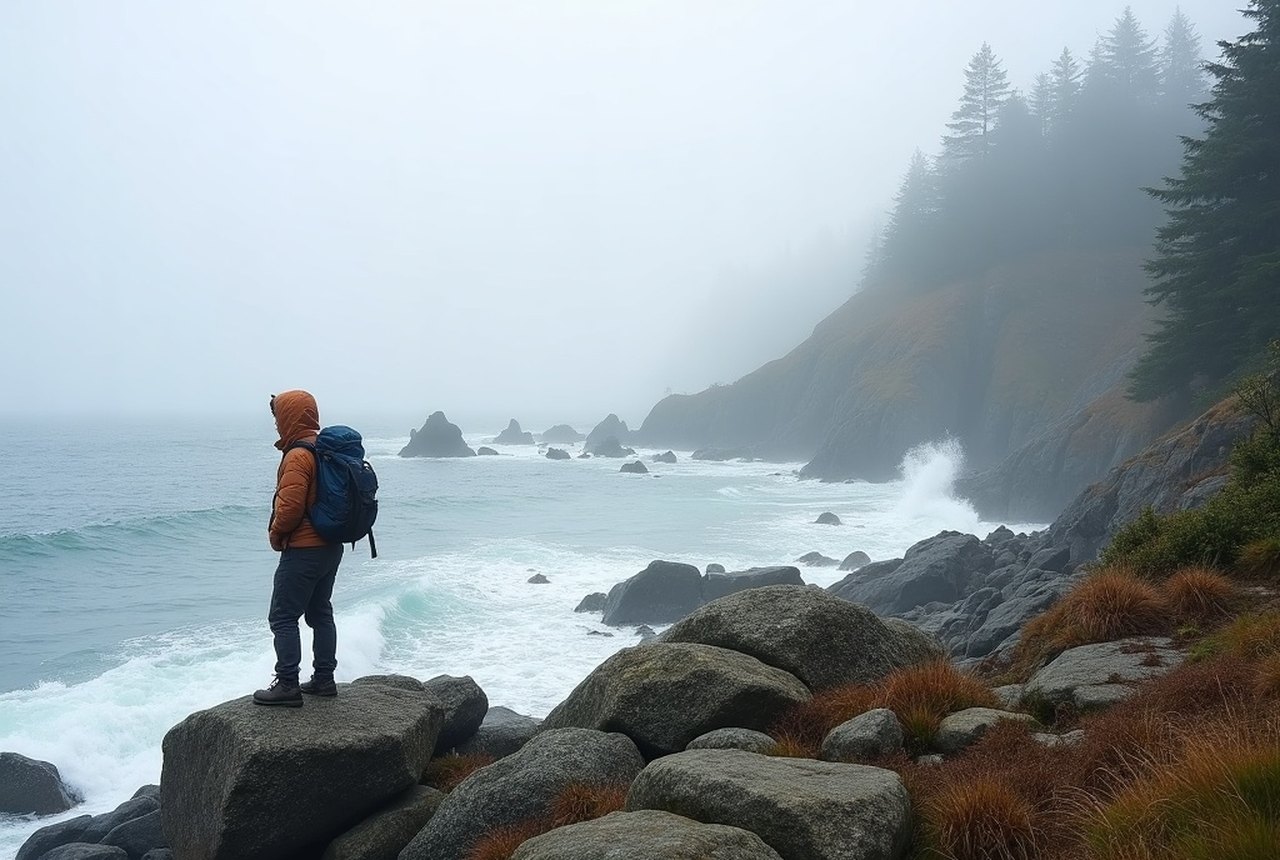 Hiker on a rocky East Sooke Coast Trail headland above the surf