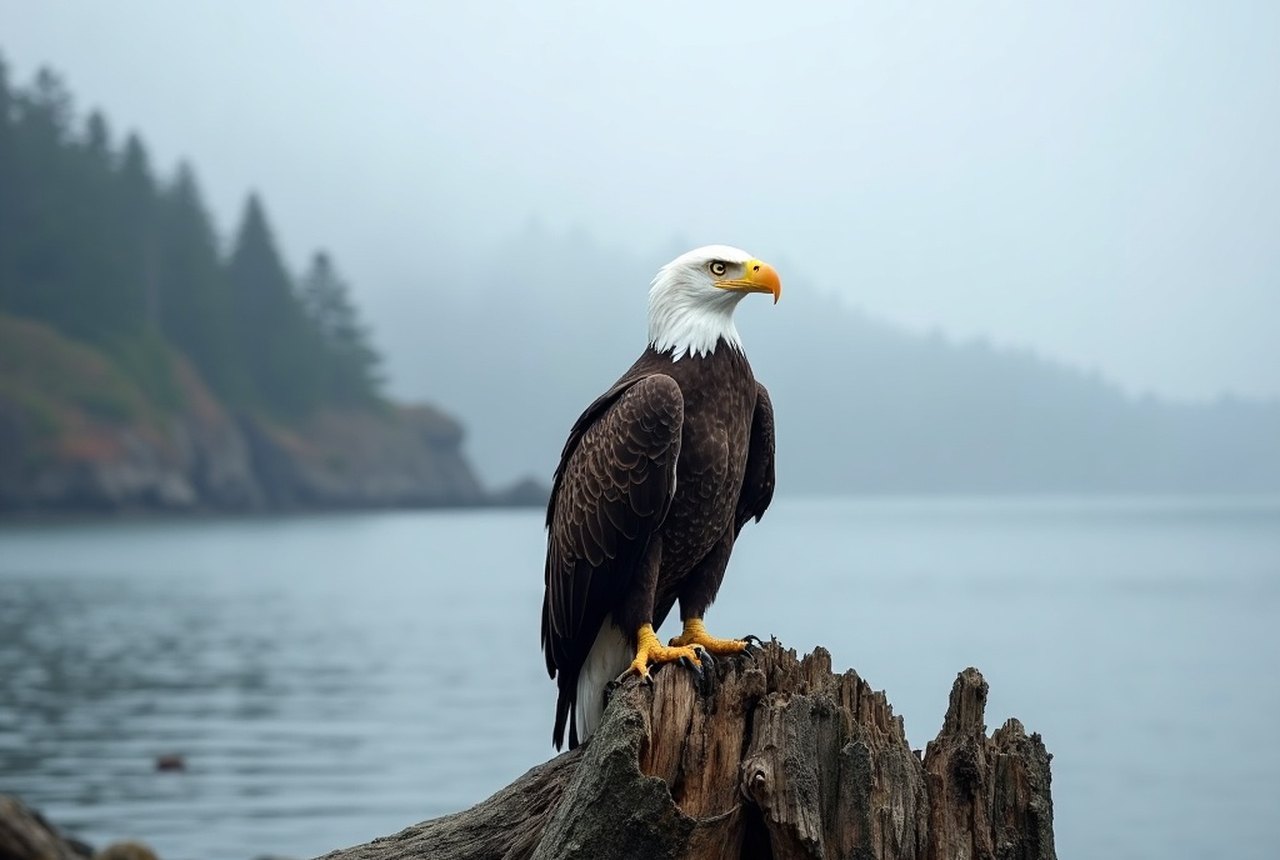 Bald eagle perched on a snag near Sooke Harbour