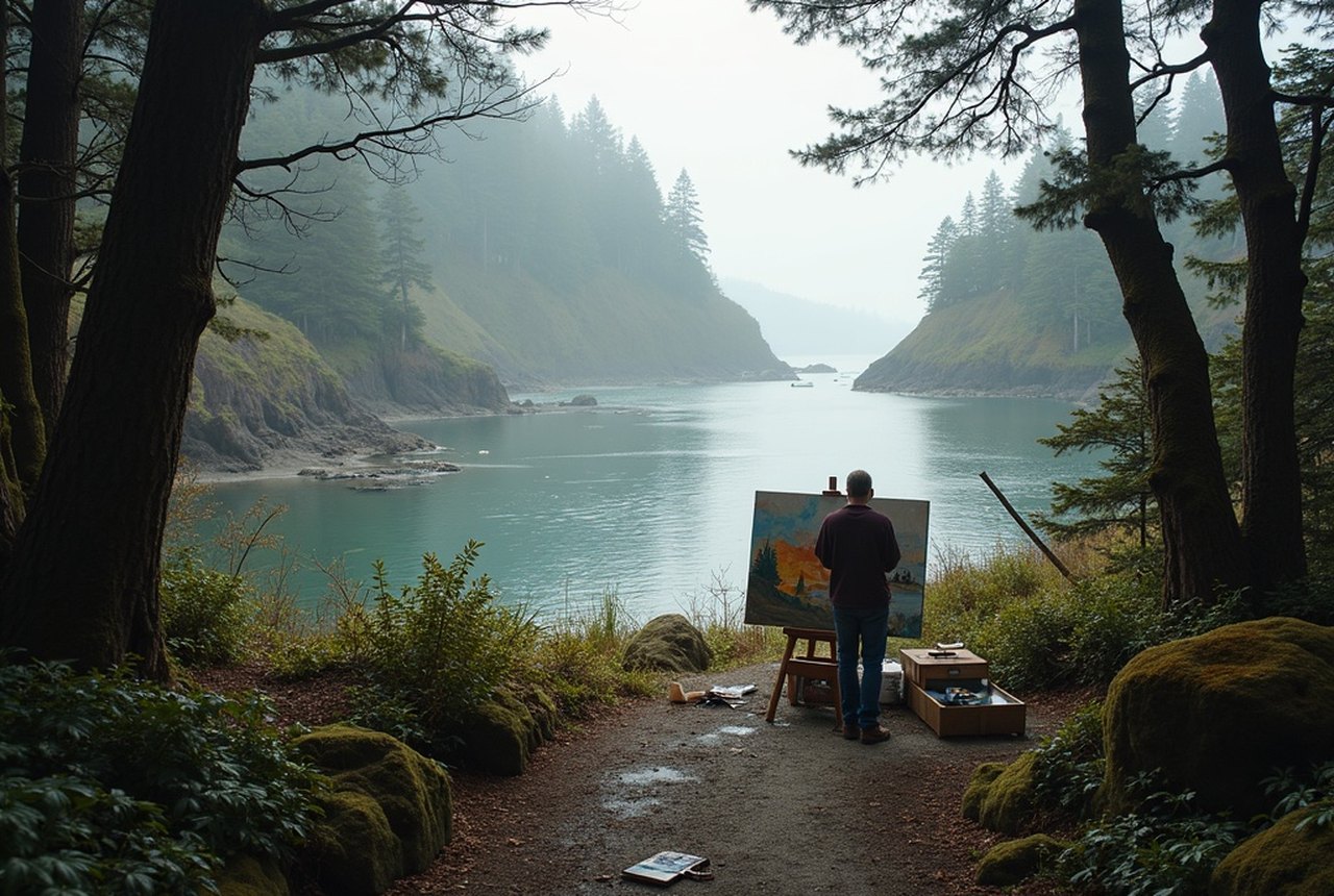 Working artist’s studio interior with finished canvases, Sooke hills