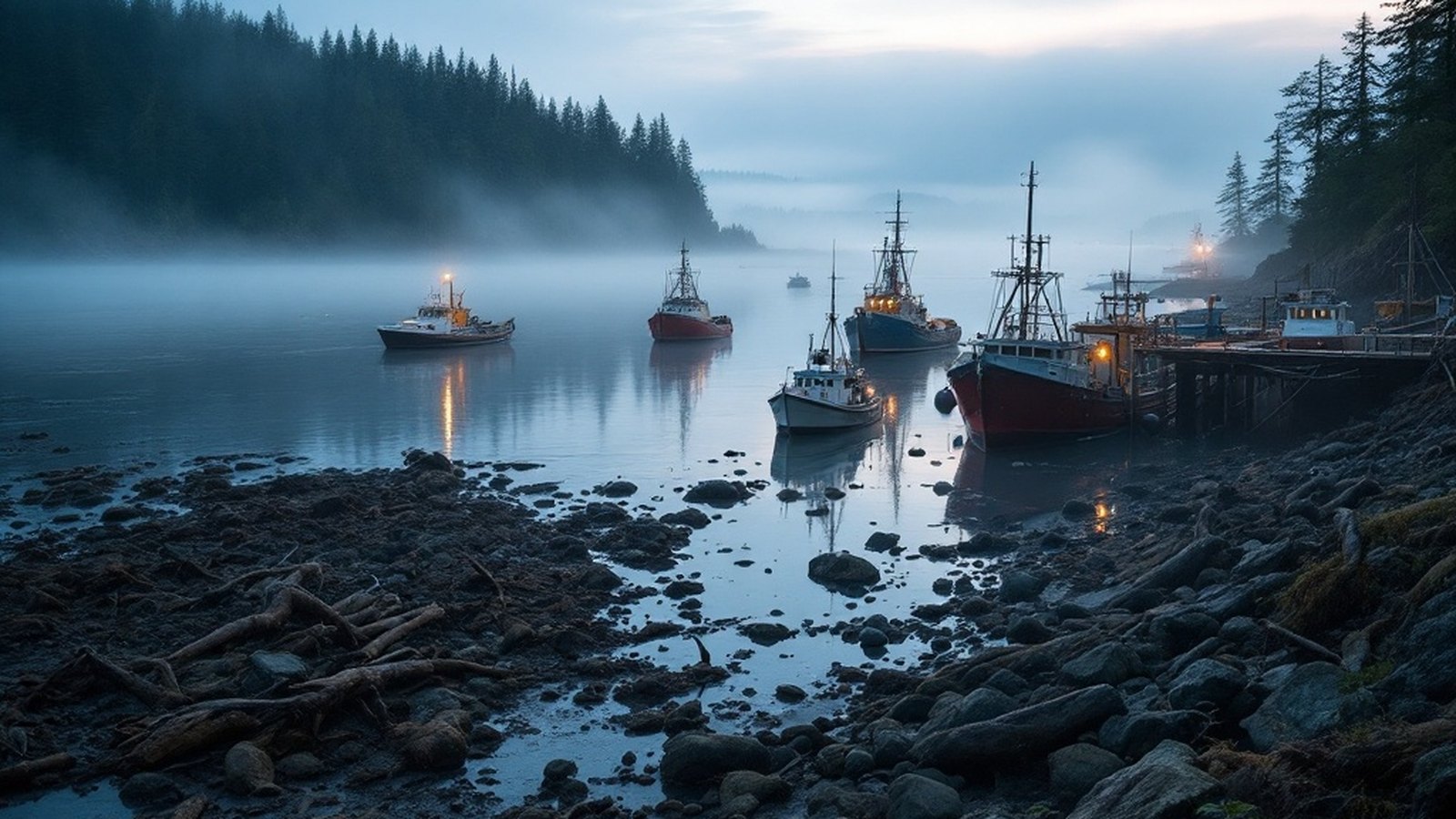 Fishing fleet working out of Sooke Harbour at first light, the strait beyond