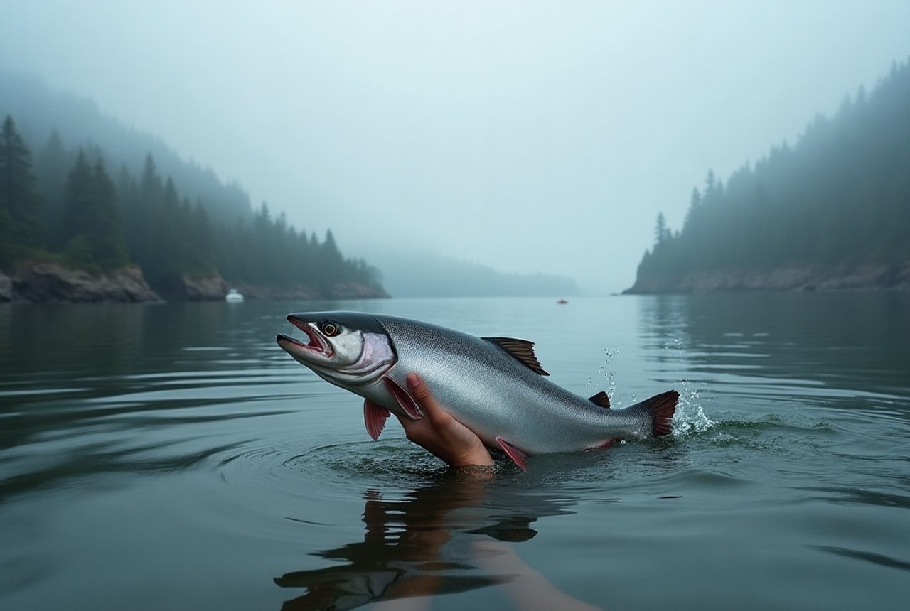 Chinook salmon held briefly over the water before release off Sooke