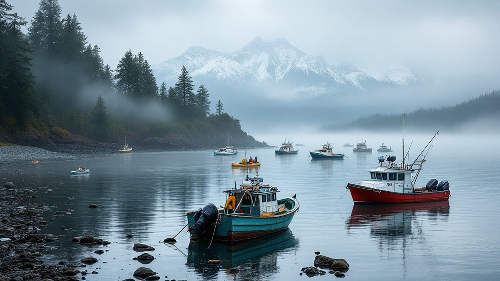 Fishing boats and kayaks sharing Sooke Harbour, Olympic Mountains across the strait