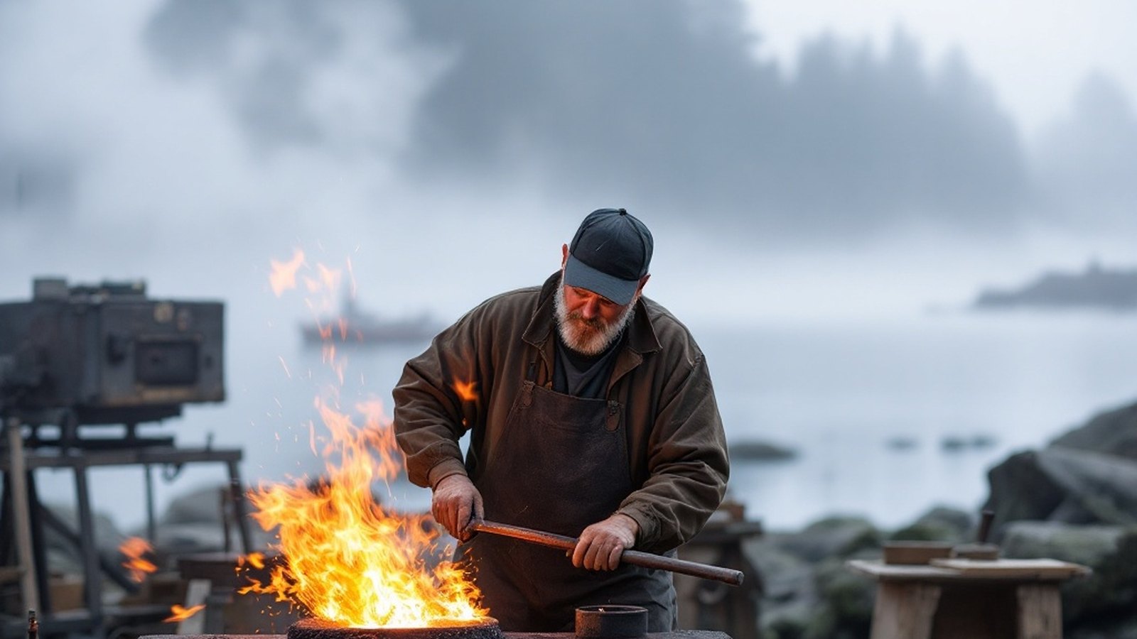Volunteer blacksmith at the forge on the Sooke Region Museum grounds