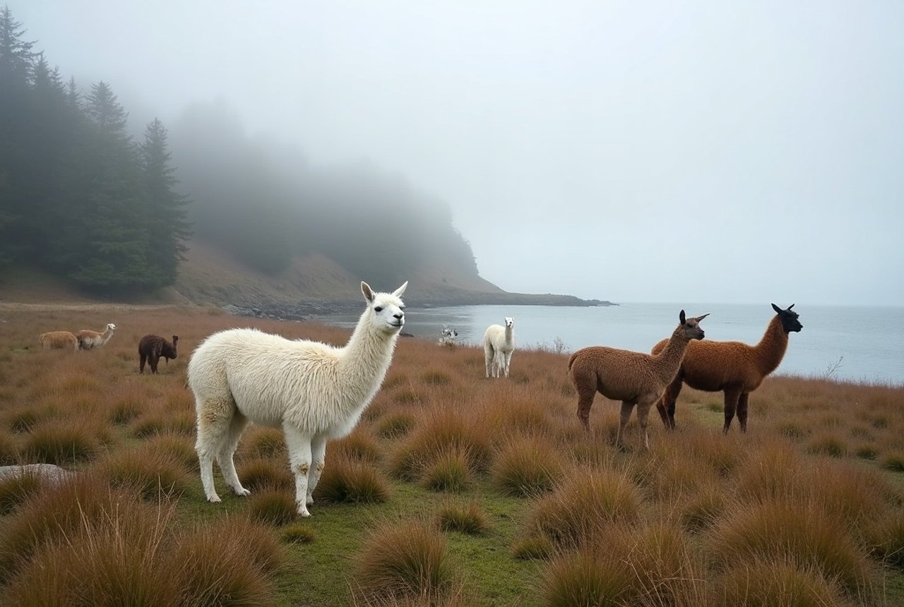 Llamas in the pasture at the Marshall-Inman Gallery farm in the Sooke hills