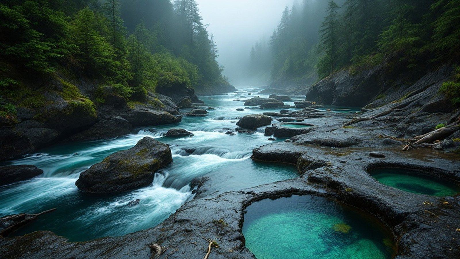 Chain of emerald pothole pools linked by rapids in the Sooke River canyon