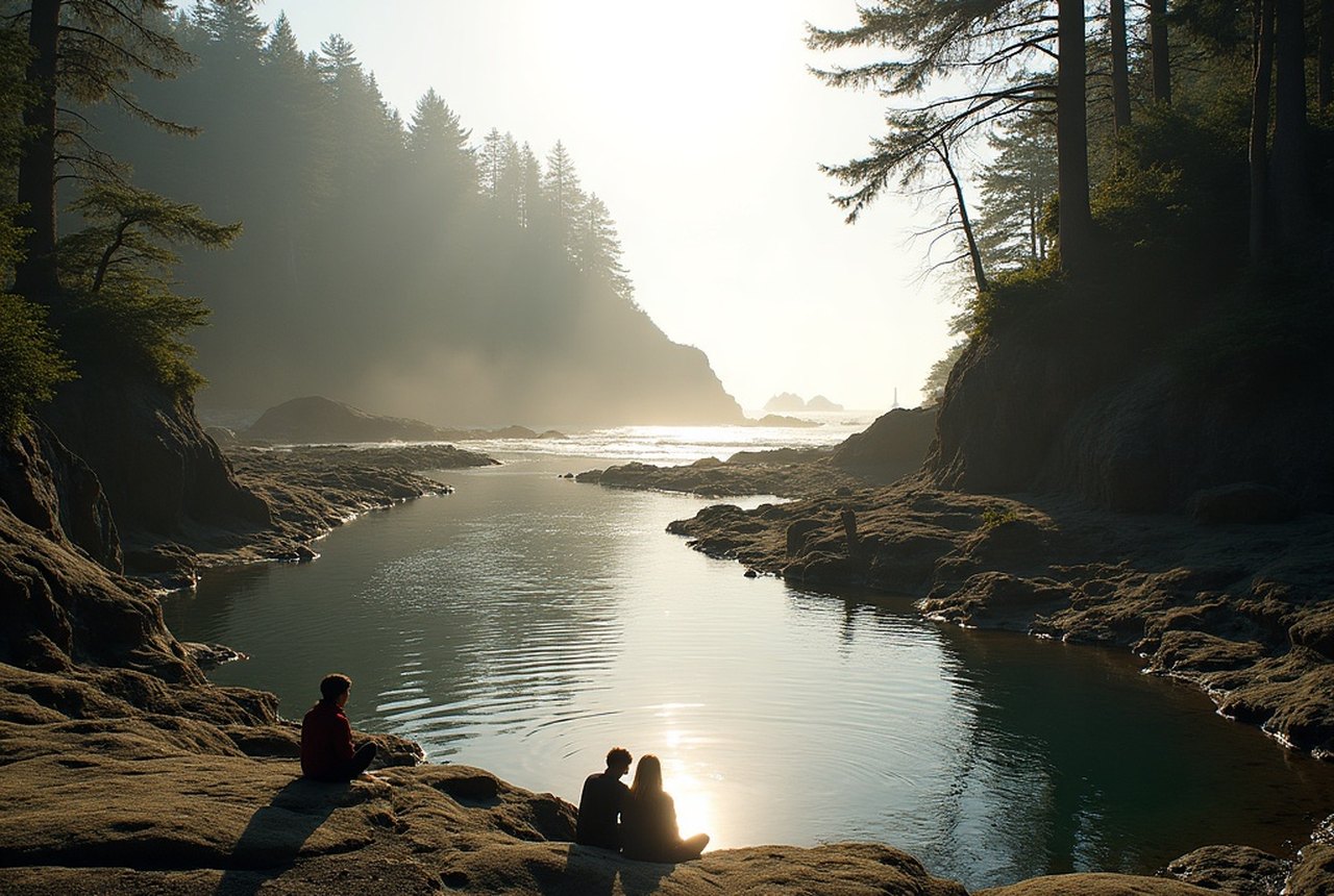 People seated on sun-warmed sandstone ledges beside a deep pothole pool, Sooke River