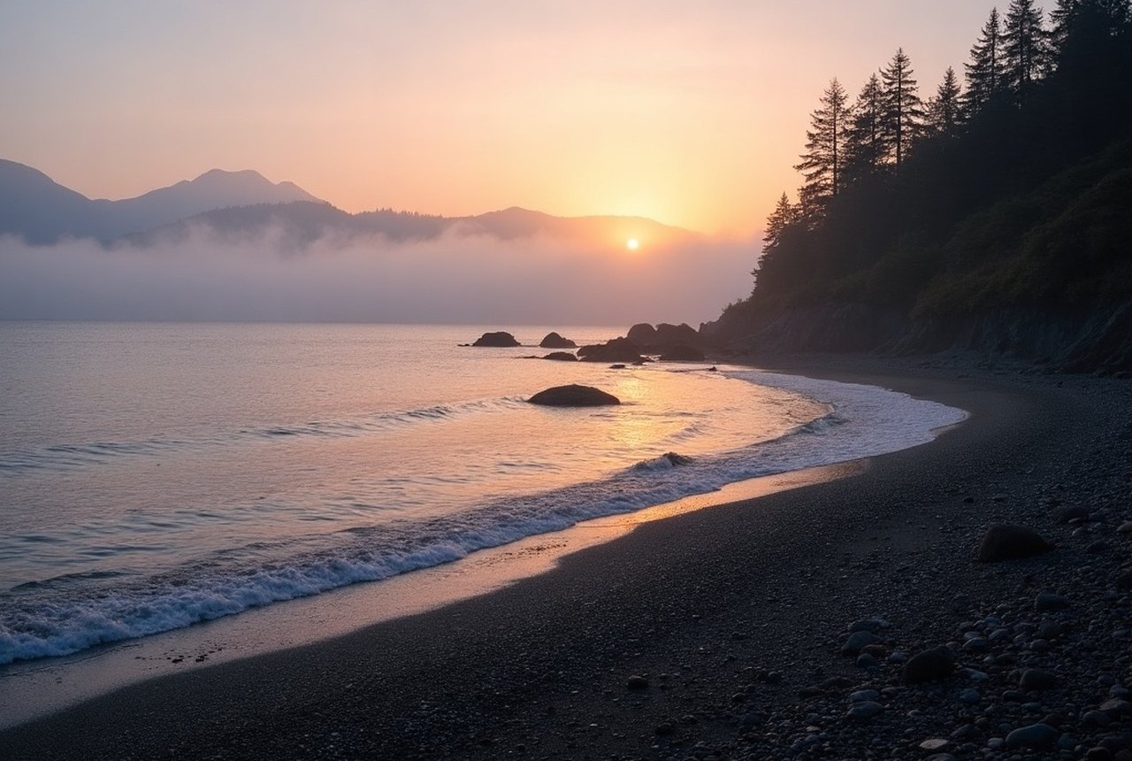 Golden September light across Sooke Basin at dusk
