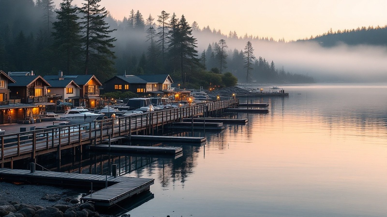 Waterfront resort docks on Sooke Harbour in evening light