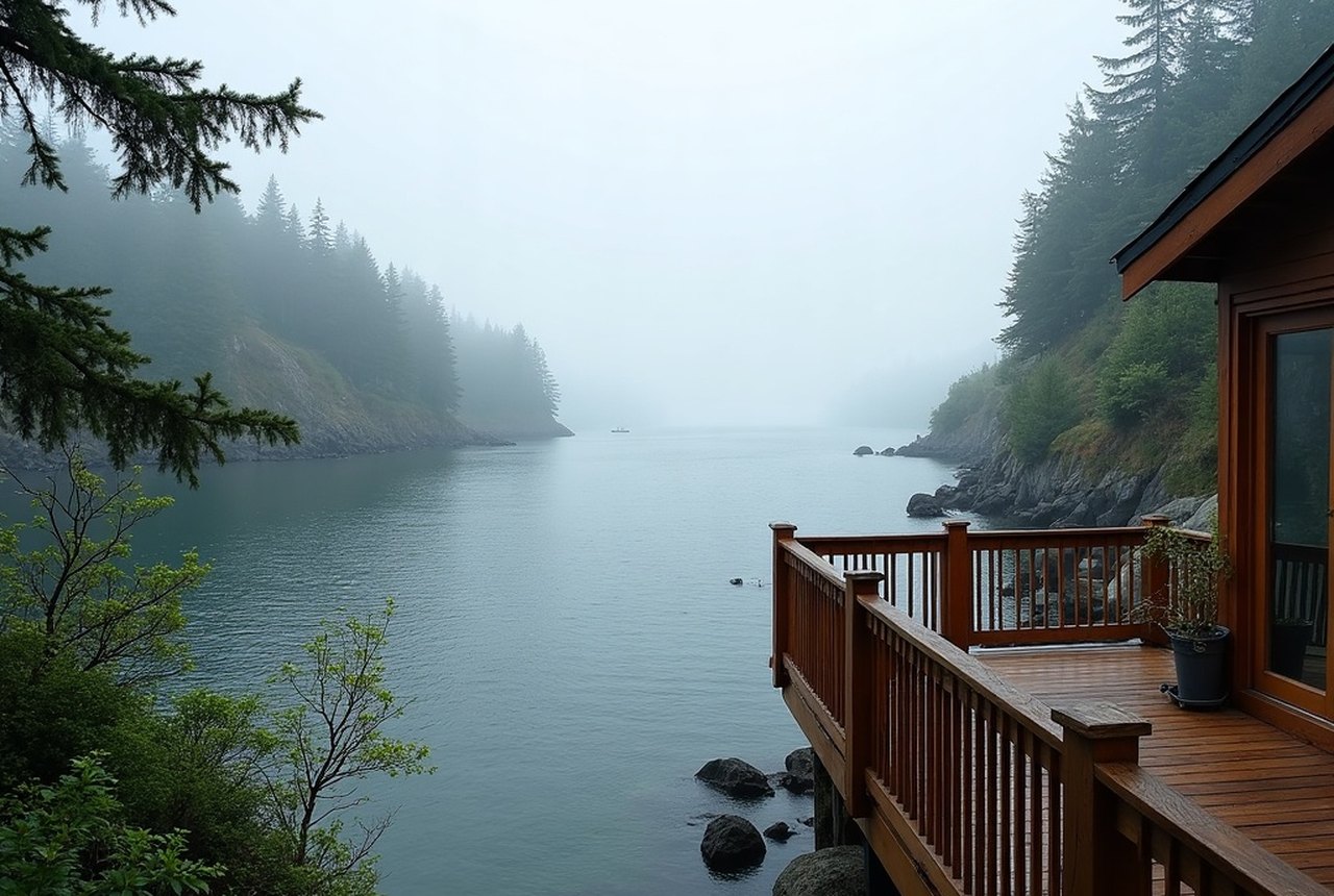 View over Sooke Basin from a waterfront cottage deck