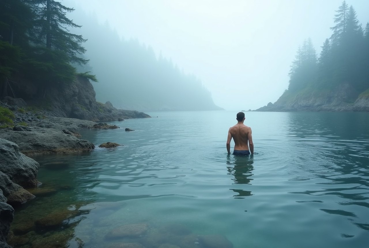 Swimmer in a smooth glacial pothole on the Sooke River