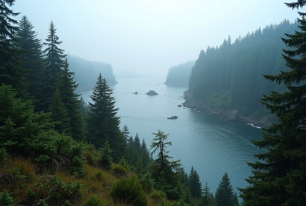 Second-growth forest edge above Sooke Basin, old logging country